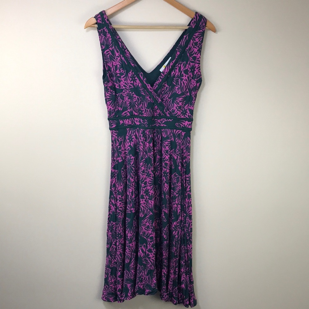Boden green purple floral bird print midi dress viscose size 4R EUC